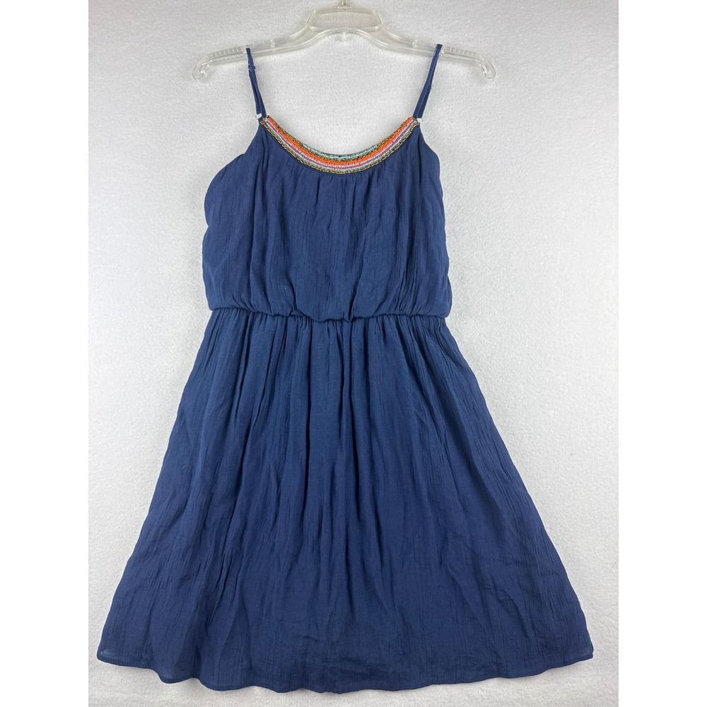IZ Byer Womens Navy Blue Beaded Neckline Crinkle Sundress Size S Sleeveless Boho